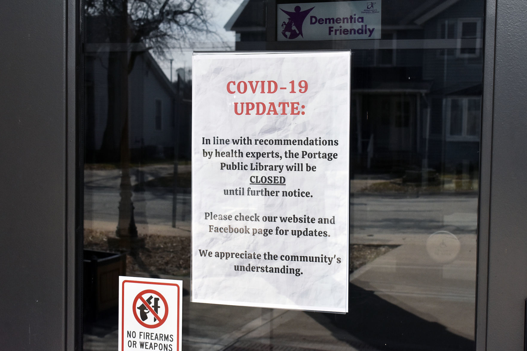 Portage Library closed -- front doors